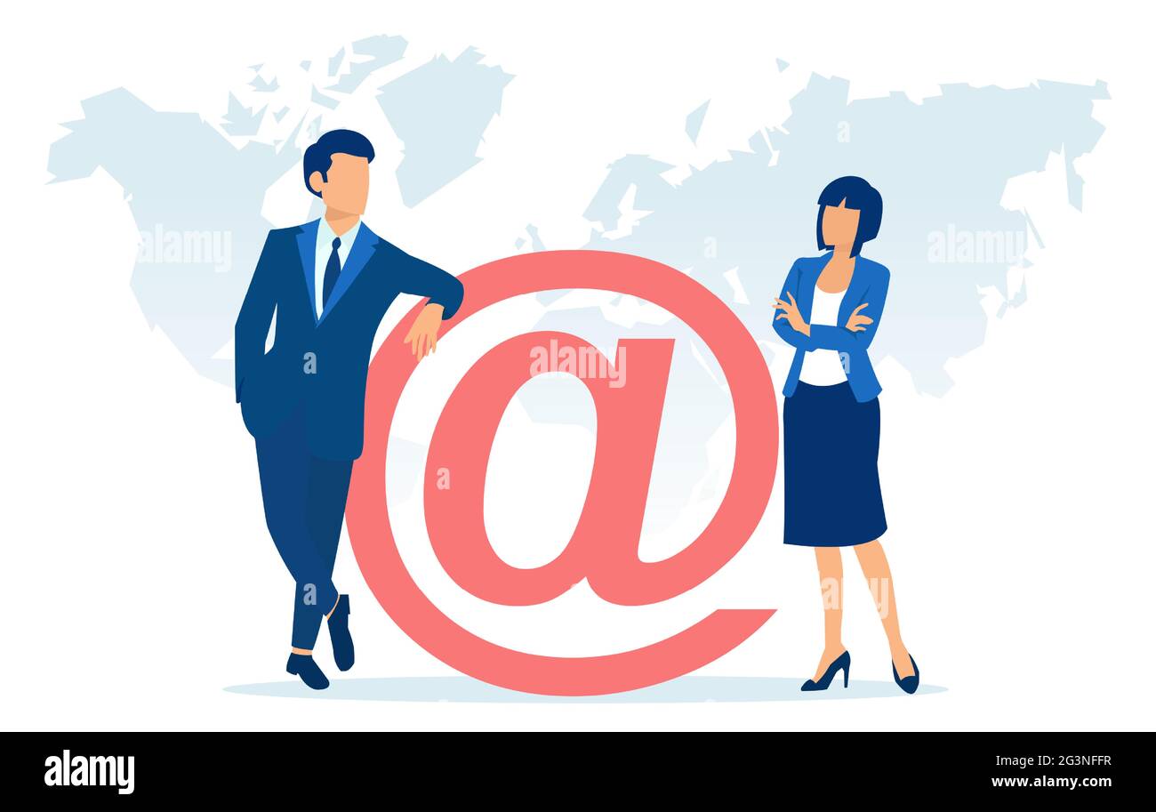 Vettore di un uomo d'affari e di una donna d'affari in piedi vicino a un simbolo di e-mail Illustrazione Vettoriale