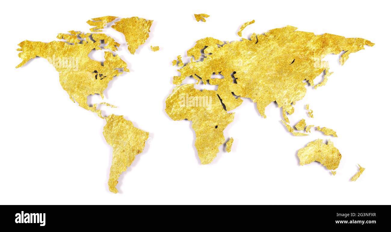 Mappa mondiale più o meno delineata - oro lucido Foto Stock