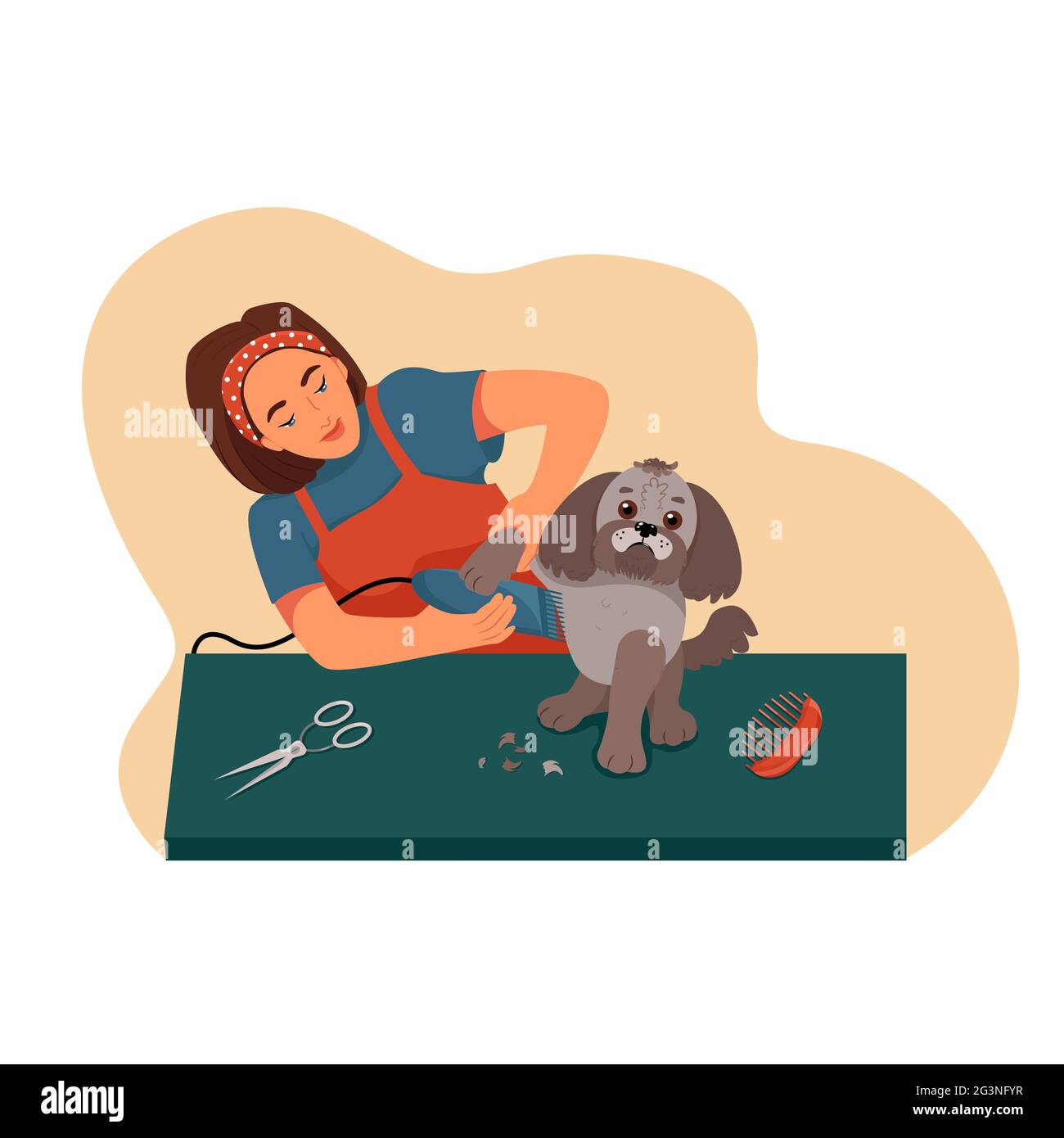 Grooming per gli animali domestici, la ragazza taglia il cane sul tavolo, illustrazione vettoriale in stile piatto, cartone animato Illustrazione Vettoriale