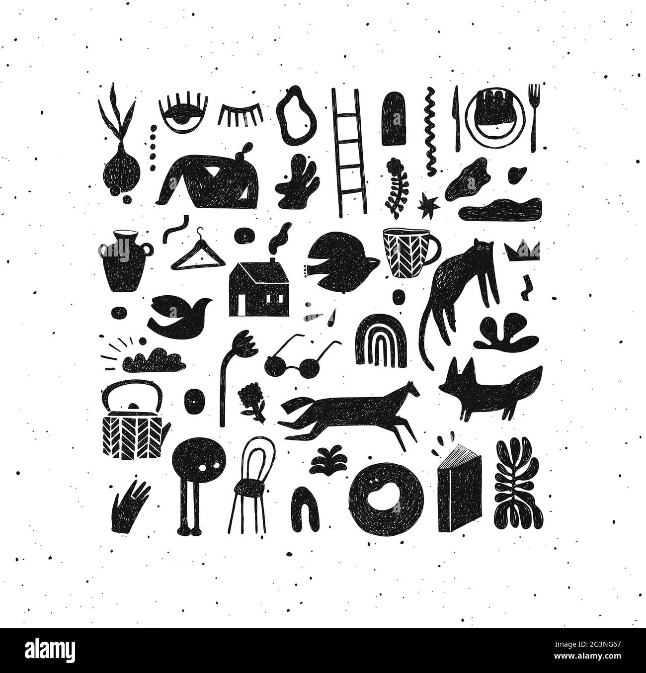 Set di segni di disegno disegnati a mano disegnati in stile campitura in colore senape su sfondo bianco Illustrazione Vettoriale