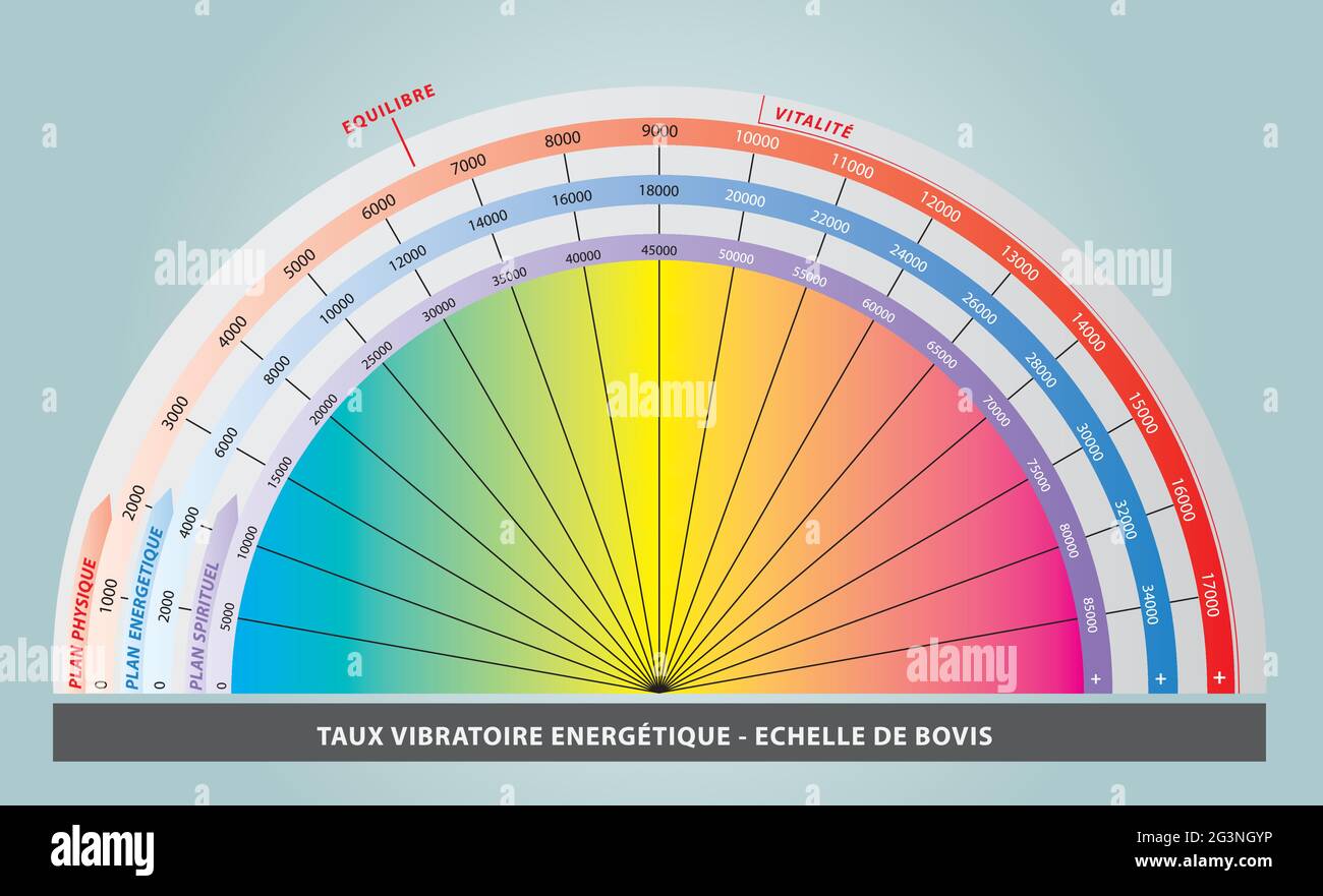 Scala bovis per la misurazione dell'energia della forza vitale nei colori arcobaleno - Lingua Francese Illustrazione Vettoriale