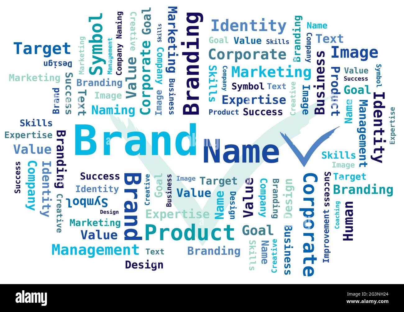 Nome del marchio - Word Cloud in vari colori blu con simbolo di spunta Illustrazione Vettoriale