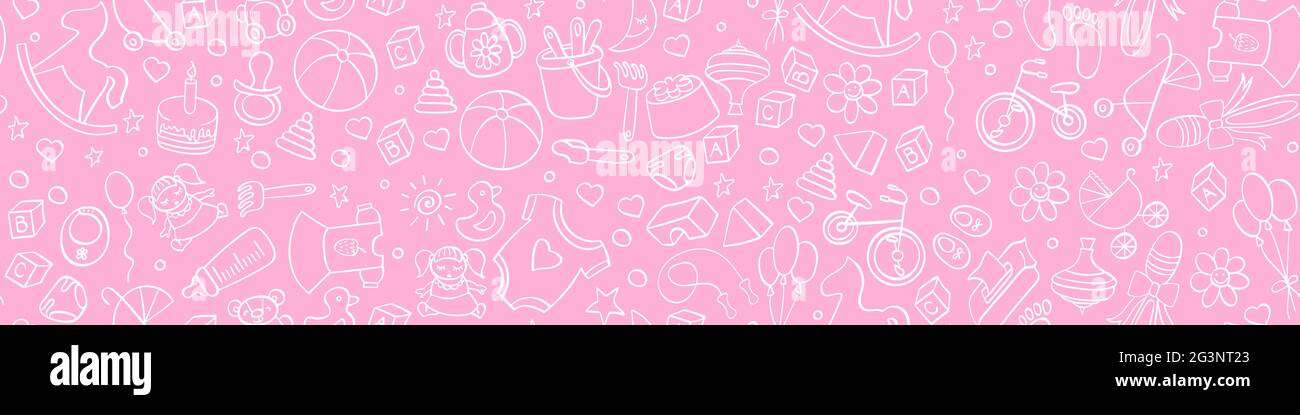 Modello senza giunture baby girl. Doodles disegnati a mano con i beni per bambini su sfondo rosa. Illustrazione vettoriale. Illustrazione Vettoriale