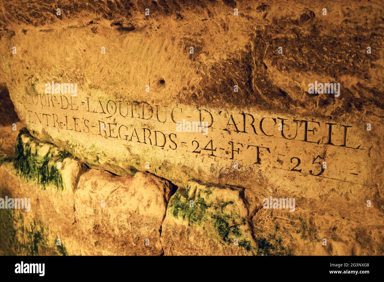 Piatto sulle pareti delle Catacombe di Parigi, Francia Foto Stock