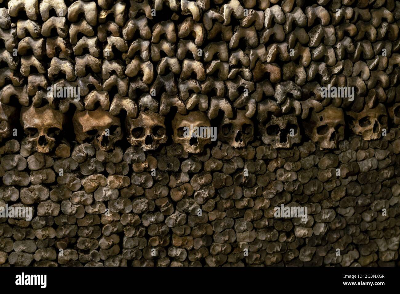 Muro fatto di teschi e ossa nelle catacombe di Parigi, Francia Foto Stock