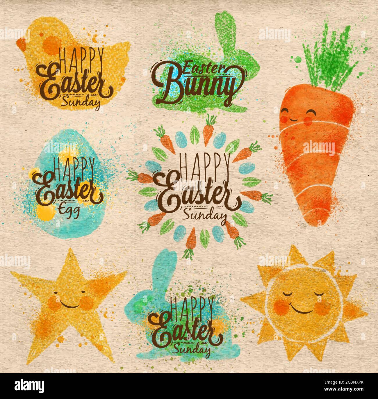 Felice pasqua simboli dipinte pastello stile bambini, sole, sole, pollo, uovo, coniglio, carota, stella su carta kraft Illustrazione Vettoriale Felice pasqua simboli dipinte pastello stile bambini, sole, sole, pollo, uovo, coniglio, carota, stella su carta kraft Illustrazione Vettoriale