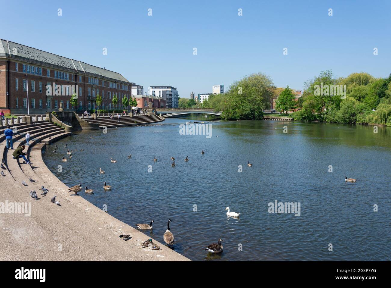 Riverside path, River Derwent, Riverside, Derby, Derbyshire, Inghilterra, Regno Unito Foto Stock