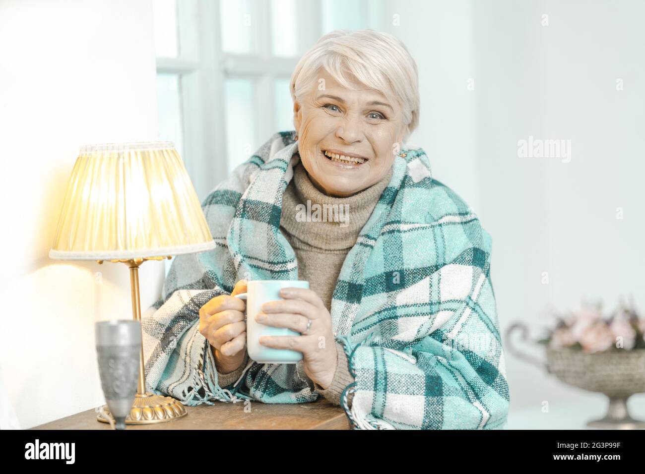 Sorridente Old Lady avvolto in un Checkered Plaid sta tenendo UNA tazza di tè. Foto Stock