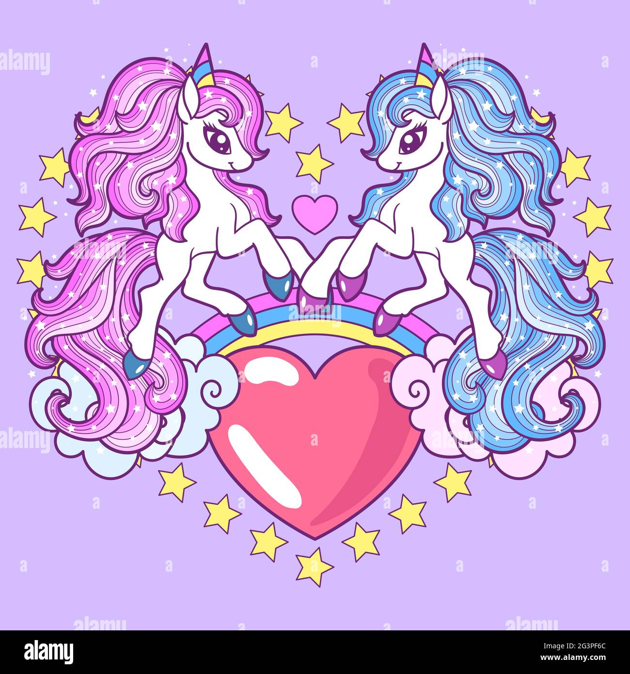 Due simpatici unicorni di cartoni animati con un cuore rosa su uno sfondo lilla. Vettore Illustrazione Vettoriale