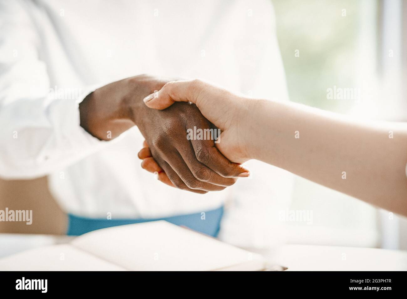 Stretta di mano di due Business Lady, primo piano Foto Stock