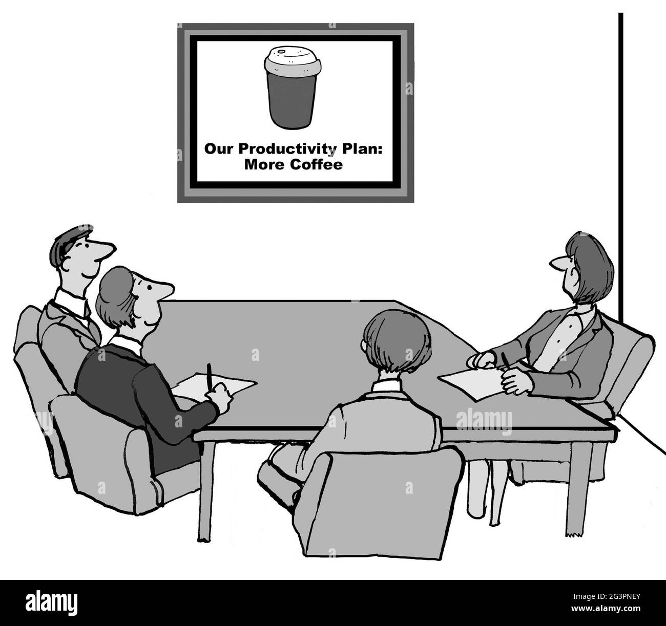 La squadra guarda la presentazione che mette in risalto la tazza di caffè Foto Stock