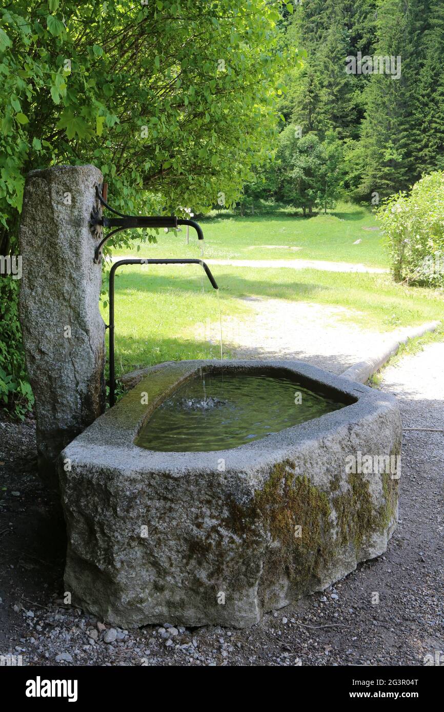 Fontaine d'eau potabile. Contamines-Montjoie. Alta Savoia. Auvergne-Rhône-Alpes. Francia. Foto Stock