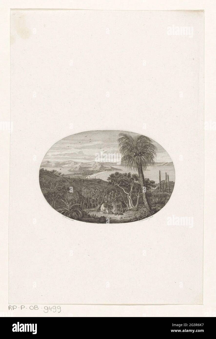 Vista della baia di mare a King Georges Island; guarda da King Georges Sound; pagina del titolo per: Matthew Flinders, viaggio alla scoperta del Groote Zuidland Other New Holland, 1815. Vista su King Georges Sound, una baia di mare all'Isola di King Georges. In primo piano tra i cespugli ci sono due figure con un fuoco di legno. Foto Stock