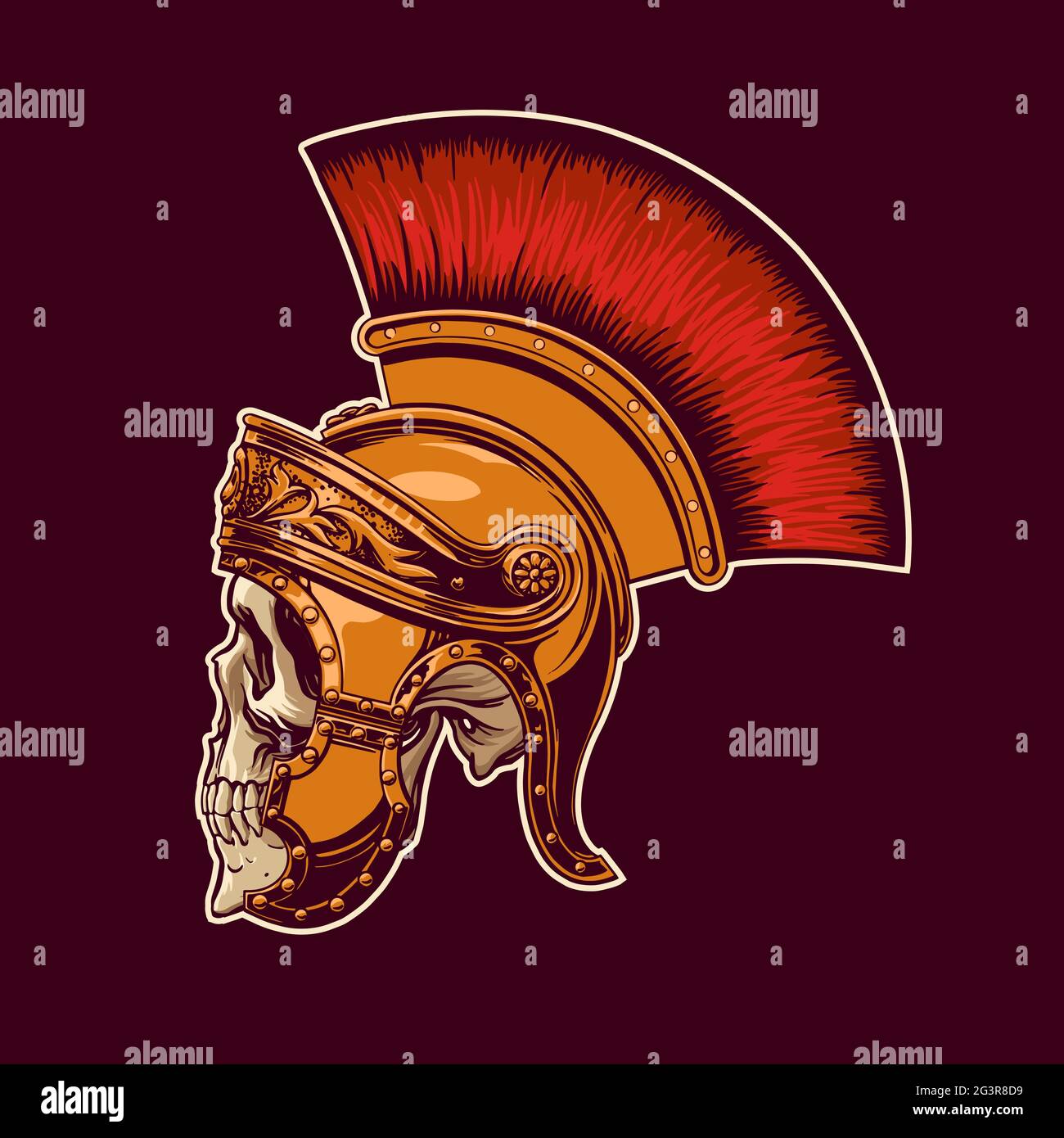 Cranio in un casco gladiatore in stile vintage per la stampa su T-shirt, borse, tazze. Illustrazione vettoriale. Illustrazione Vettoriale