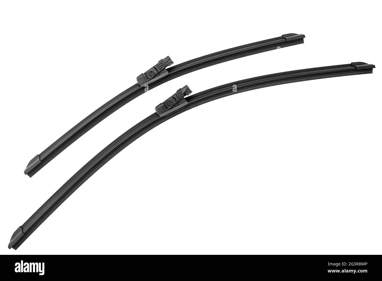 spazzola tergicristallo per auto corta e lunga per pulire il parabrezza in caso di pioggia su sfondo bianco Foto Stock