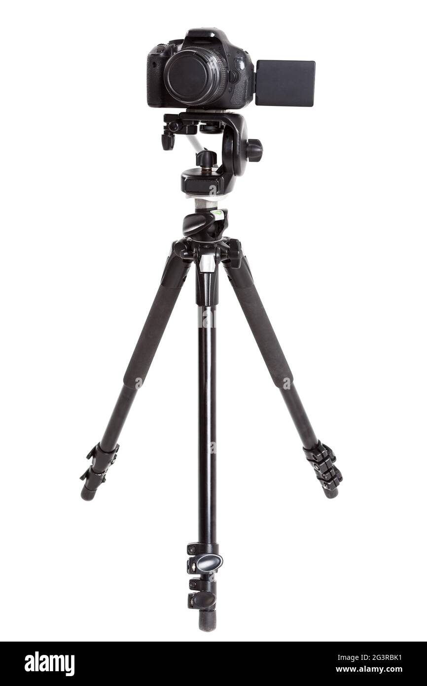 Moderno treppiede in acciaio nero con telecamera isolata su sfondo bianco Foto Stock