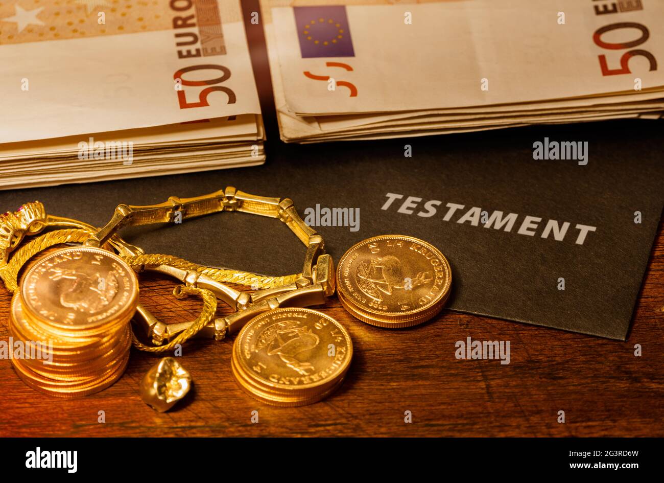 Testamento, tenuta, gioielli d'oro, oro dentale, eredità, eredità, oro antico, krugerrand Foto Stock