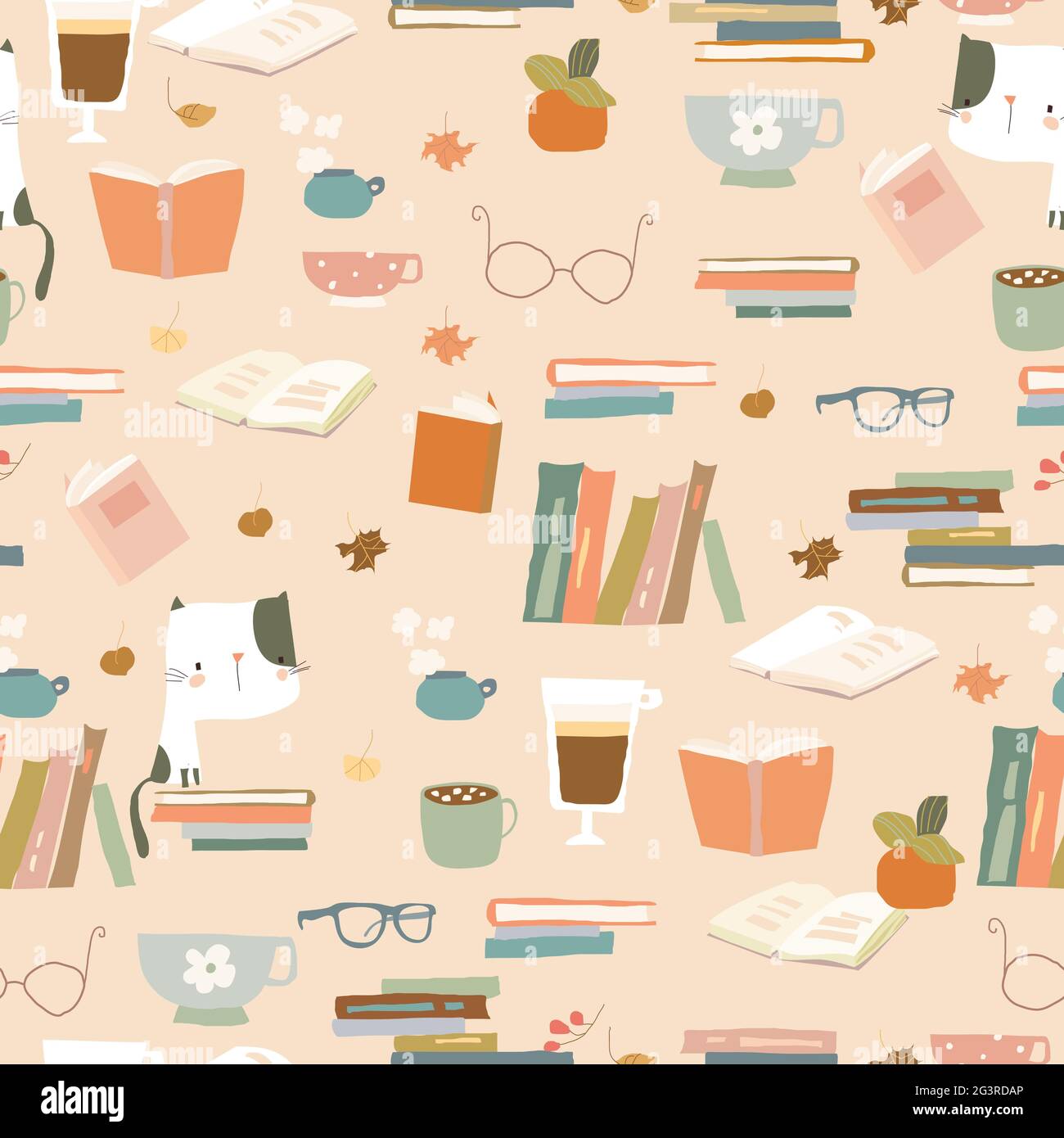 Modello senza cuciture con Libri, tazze e occhiali. Umore autunnale Illustrazione Vettoriale
