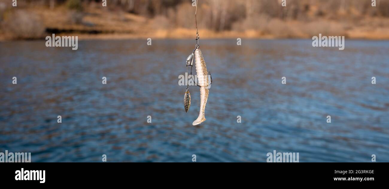 Pesca esca sul gancio sopra l'acqua del lago Foto Stock