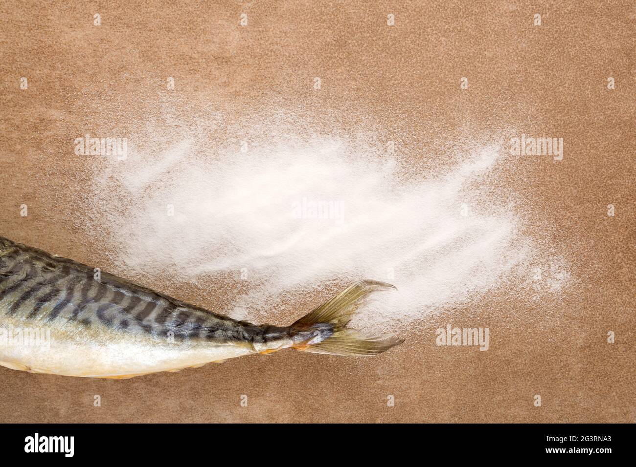 Polvere di collagene bianco e coda di pesce fresco con spazio di copia dall'alto. Foto Stock