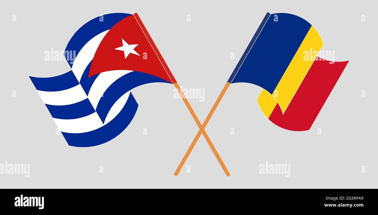 Bandiere incrociate e sventolanti di Cuba e Romania. Illustrazione vettoriale Illustrazione Vettoriale