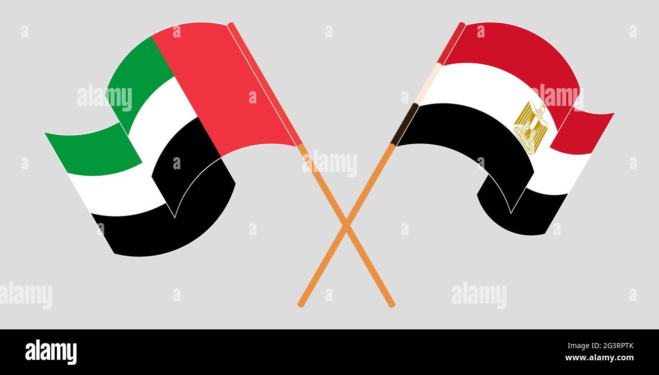 Bandiere incrociate e sventolanti dell'Egitto e degli Emirati Arabi Uniti. Illustrazione vettoriale Illustrazione Vettoriale