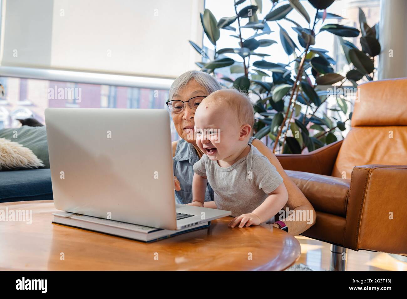 Donna anziana seduta con la nipote che effettua una videochiamata sul computer portatile Foto Stock