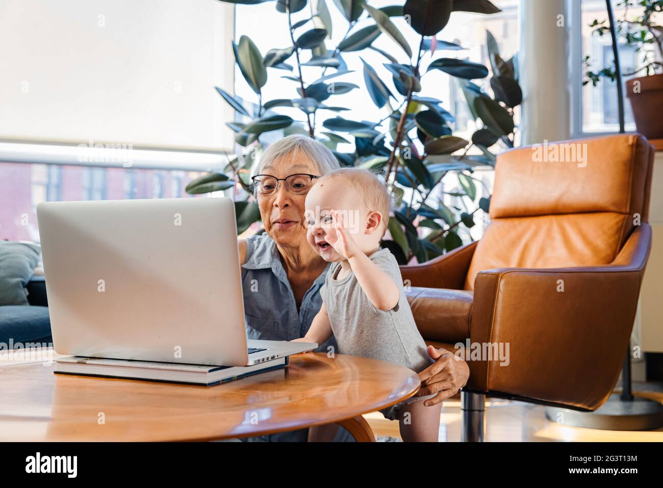 Donna anziana seduta con la nipote che utilizza il laptop per videochiamare Foto Stock