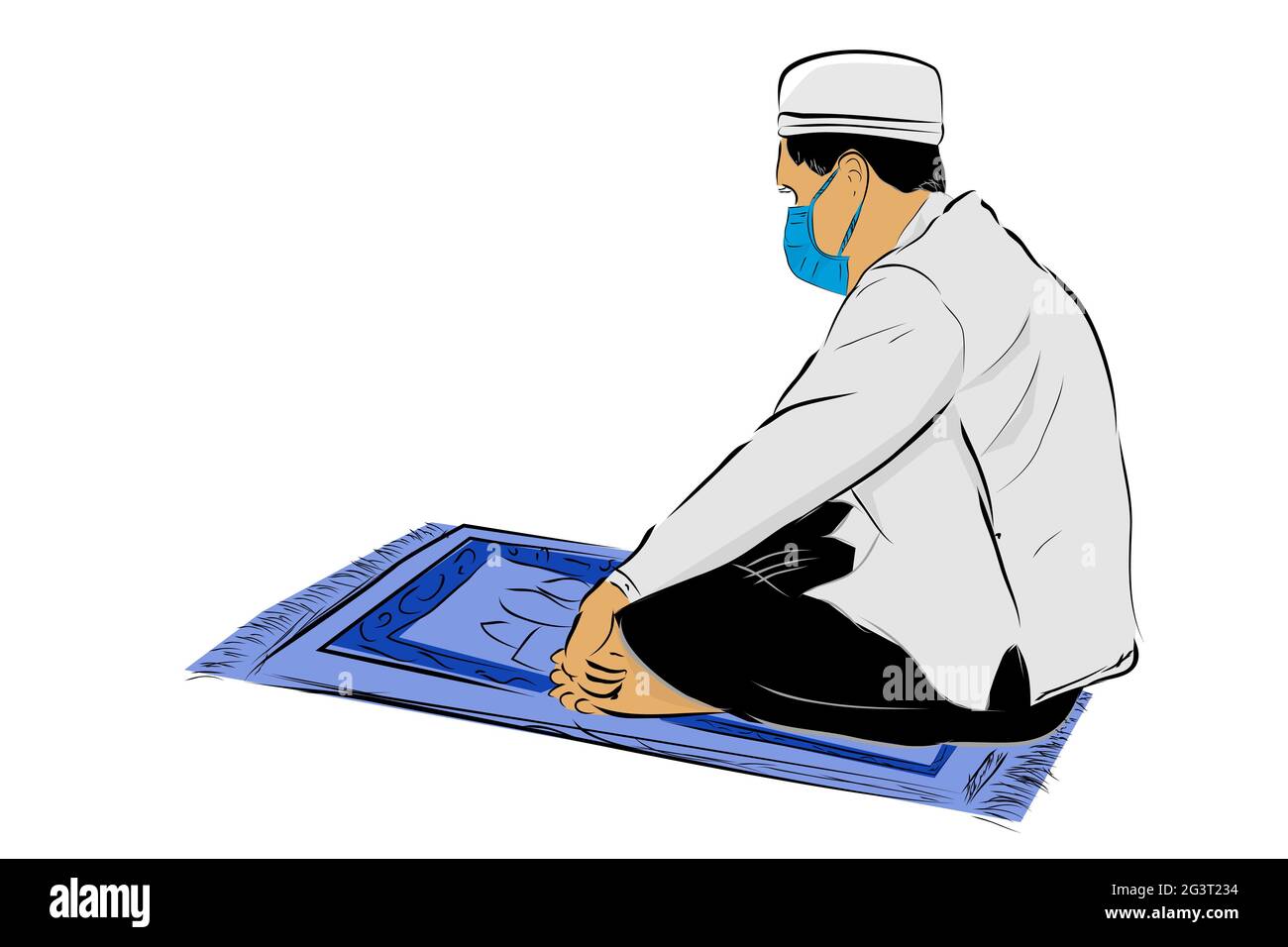 Disegno a mano vettoriale schizzo, uomo musulmano o islam, usando maschera, siediti al tappetino di preghiera Illustrazione Vettoriale
