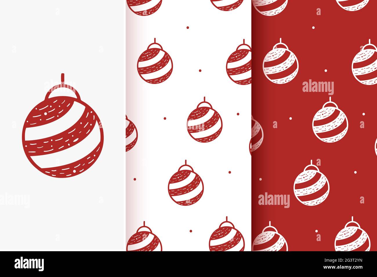Set di motivi senza cuciture di palla di Natale in stile piatto. Collezione di carte con elementi natalizi tradizionali. orn di Natale Foto Stock