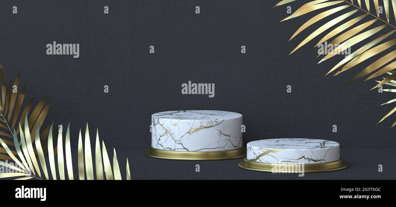 Sfondo astratto con due cilindri in marmo bianco e tropicale dorato Foglie 3D Foto Stock