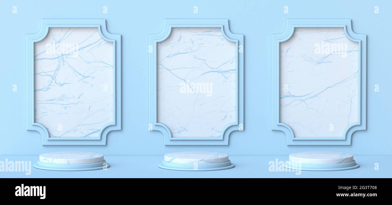 Tre podi mock-up per la presentazione del prodotto di fronte Cornici decorative vintage 3D Foto Stock