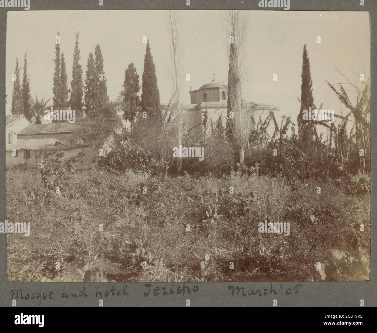 Campo con una moschea sullo sfondo e un hotel a Jericho. Parte di un album di viaggio di una famiglia olandese con attrazioni in Europa, Egitto e New York. Foto Stock