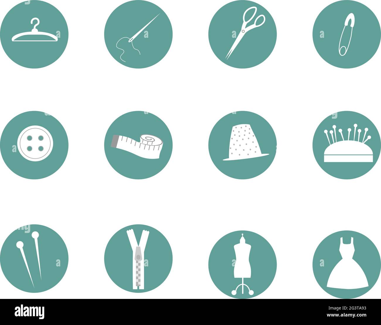 Icone rotonde con strumenti per cucire. Forbici, manichino, bottoni e spille, ditale, appendiabiti e abiti. Illustrazione Vettoriale