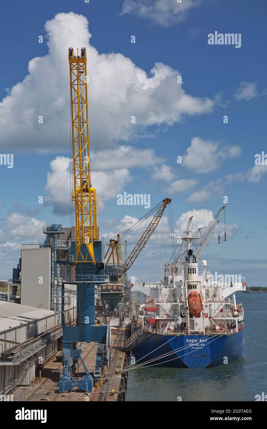 Navi container per il carico di gru industriali di grandi dimensioni nel porto di Belfast in Irlanda Foto Stock