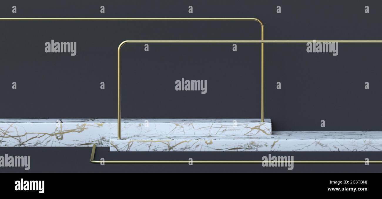 Sfondo astratto piedistallo orizzontale in marmo bianco con cornici dorate 3D Foto Stock