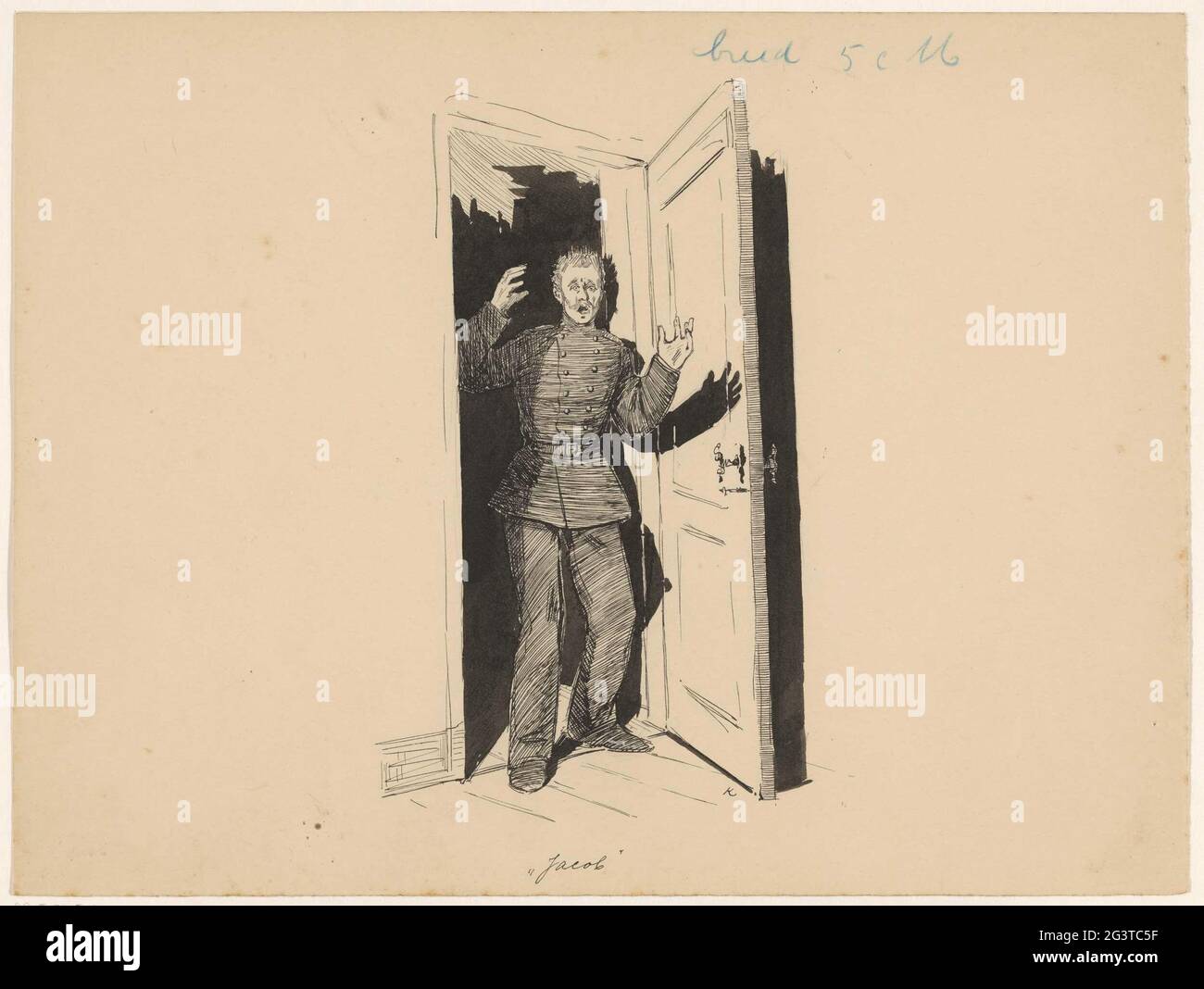 Soldato spaventato in una porta. Un uomo sta in piedi con la bocca aperta e  con le mani nell'aria in una porta Foto stock - Alamy