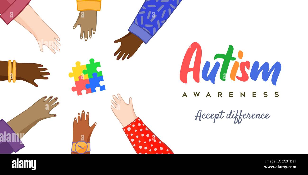 Autismo giorno di consapevolezza biglietto di saluto illustrazione di diversi bambini amici gruppo mani insieme con pezzo puzzle. Abilità di apprendimento capretto autistico conce Illustrazione Vettoriale