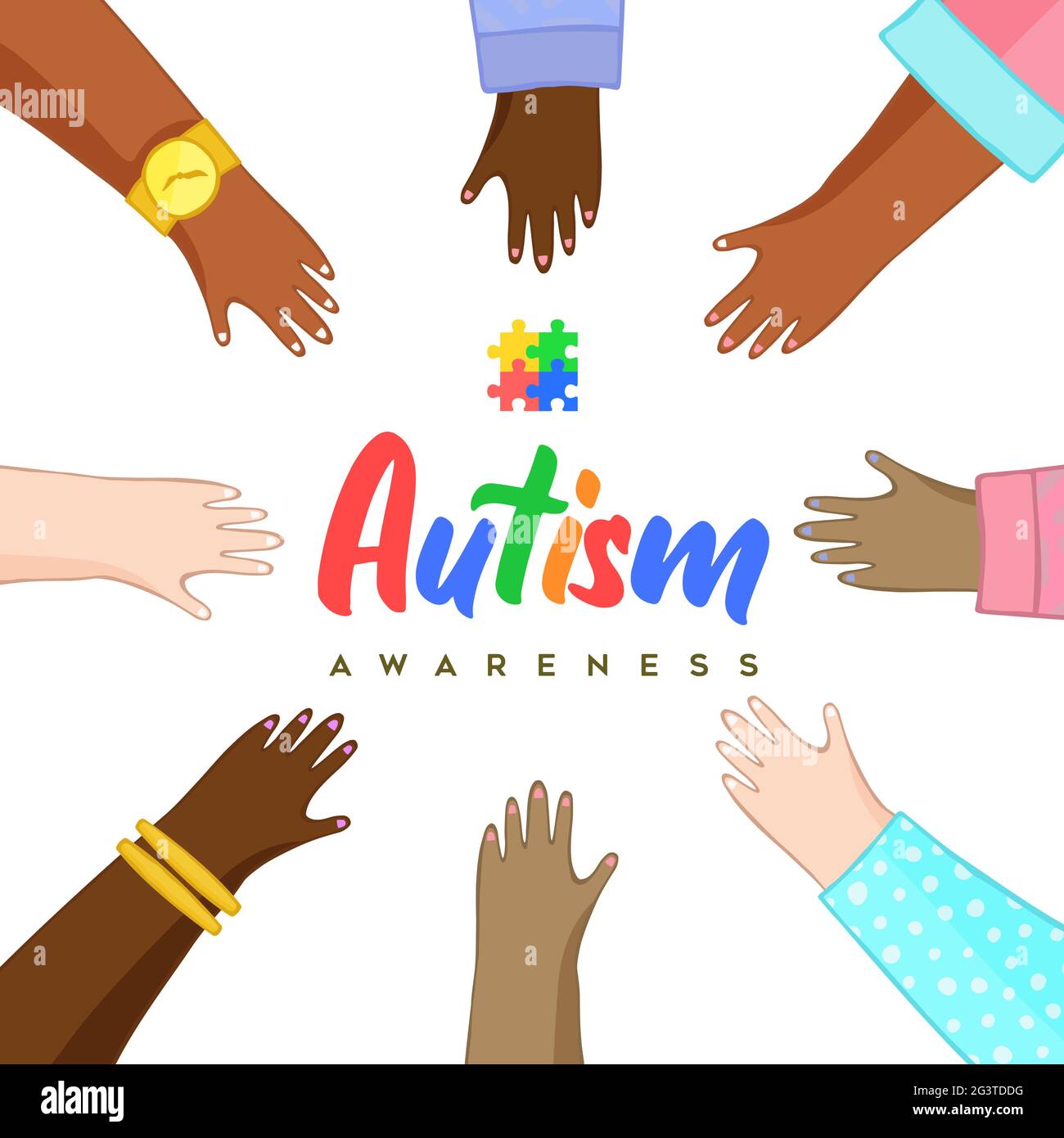 Autismo giorno di consapevolezza biglietto di saluto illustrazione di diversi bambini amici gruppo mani insieme con pezzo puzzle. Abilità di apprendimento capretto autistico conce Illustrazione Vettoriale