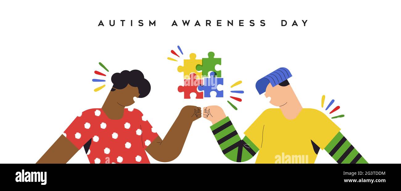 Autismo giorno di consapevolezza web banner illustrazione di felici bambini amici fare pugno insieme. Concetto di amicizia autistica per bambini, psicologia infantile Illustrazione Vettoriale