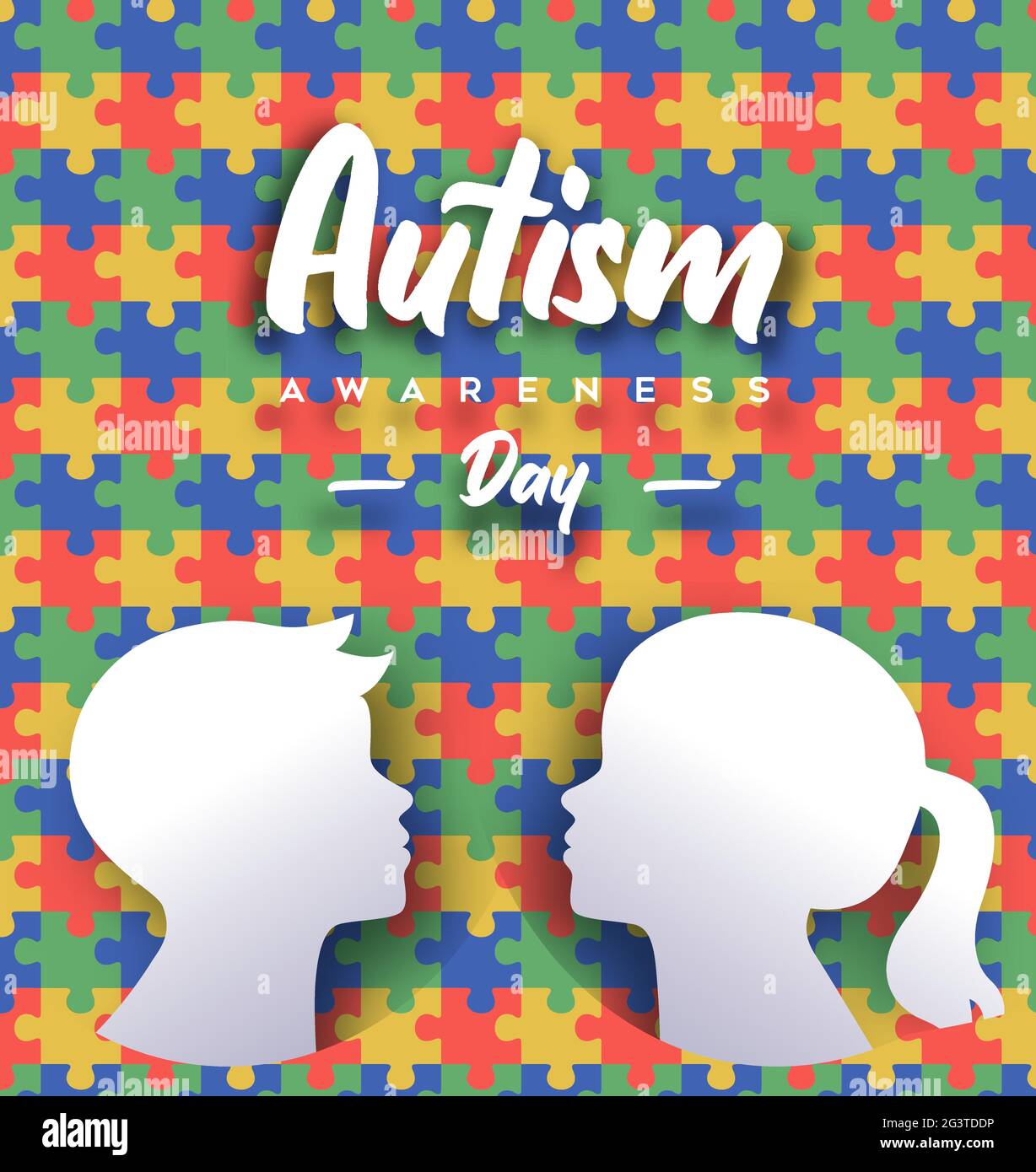 Autismo giorno di consapevolezza biglietto di benvenuto illustrazione dei bambini in stile taglio di carta con sfondo puzzle colorato. Concetto di educazione dei bambini, apprendimento diverso Illustrazione Vettoriale