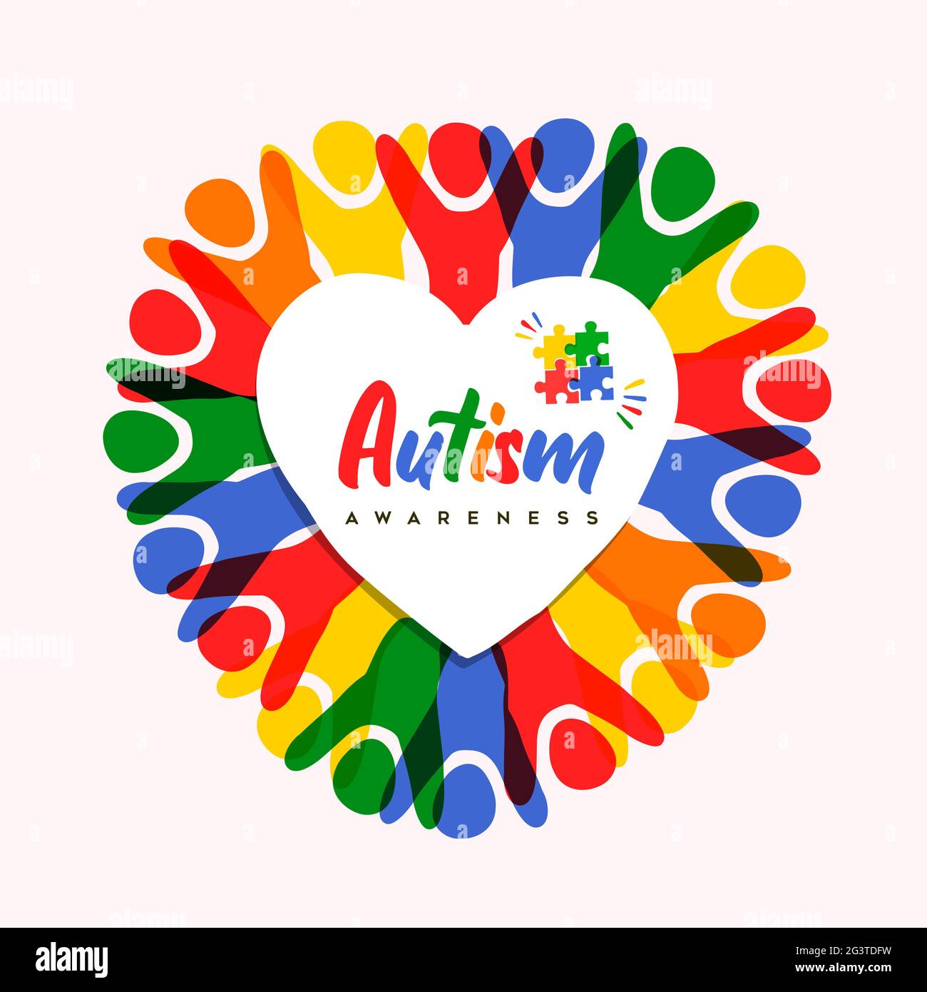 Autismo consapevolezza giorno biglietto di benvenuto illustrazione di diverse persone colorate che fanno forma cuore. Bambini autistici imparando abilità concetto di supporto, capretto Illustrazione Vettoriale