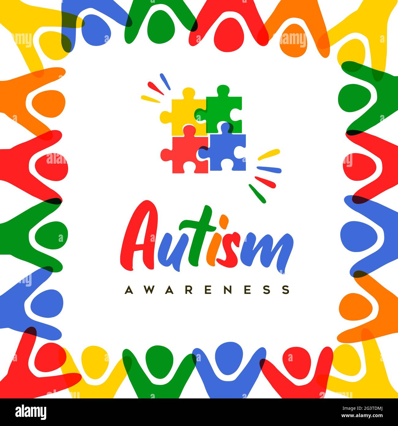 Autismo consapevolezza giorno biglietto di benvenuto illustrazione di variopinti gente folla insieme. Concetto di supporto abilità di apprendimento autistico per bambini, ven. Bambino Illustrazione Vettoriale