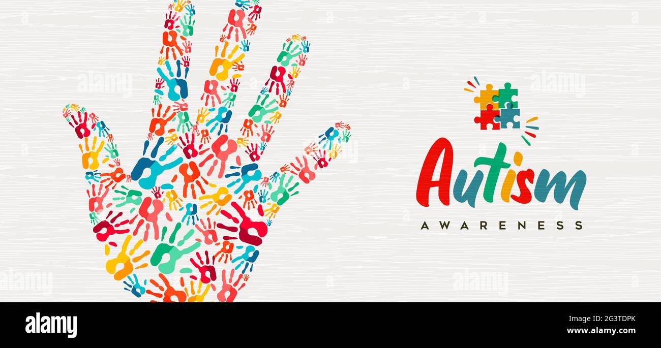 Autismo giorno di consapevolezza web banner illustrazione di variopinti bambini di stampa a mano insieme. Bambini autistici imparando abilità concetto di supporto, capretto Illustrazione Vettoriale