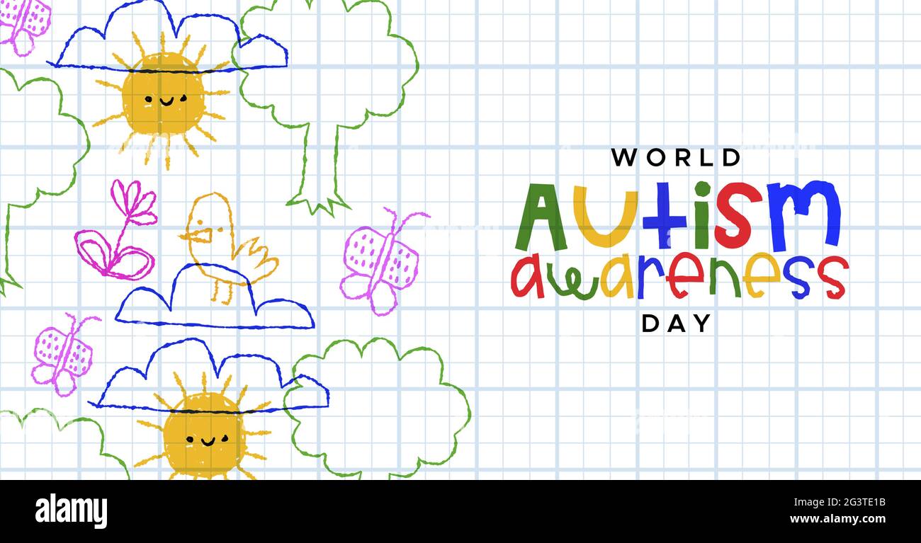 Autismo giorno di consapevolezza biglietto di saluto illustrazione di carino doodles infantile in divertente mano disegnati stile cartone animato bambino. Educazione autistica dei bambini o psychol Illustrazione Vettoriale