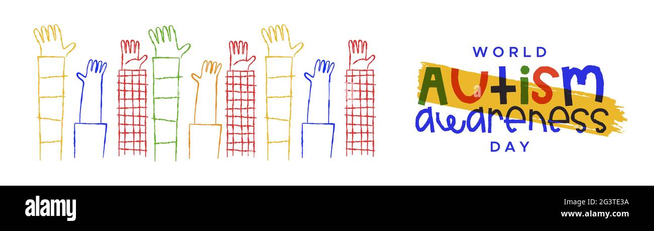 Autismo giorno di consapevolezza web banner illustrazione di diverse mani colorate bambini sollevato in mano disegnati stile cartone animato bambino. I bambini autistici sostengono il conc Illustrazione Vettoriale