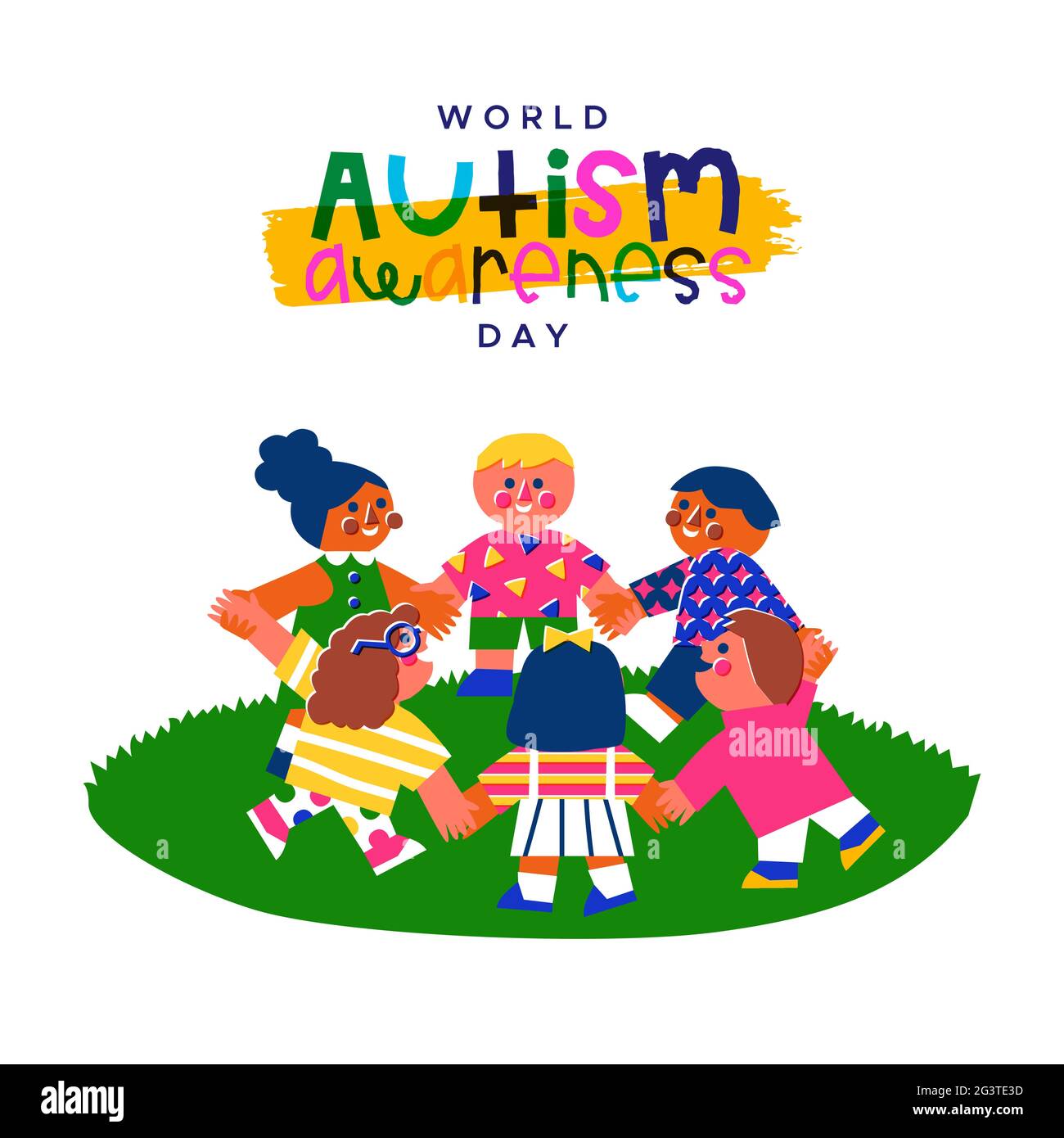 Mondo autismo giorno di consapevolezza biglietto di saluto illustrazione di carino bambini amici tenendo le mani e giocando in stile retrò cartone animato. Autistico ragazzo amichevole Illustrazione Vettoriale