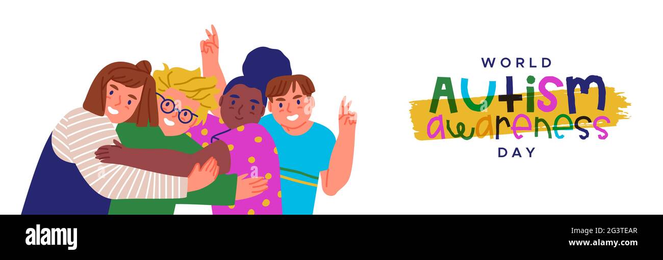 World Autism Awareness Day banner web illustrazione di carino bambini amici abbraccio insieme. Diversi gruppi di bambini. Design autistico di supporto per bambini per il 2 aprile Illustrazione Vettoriale