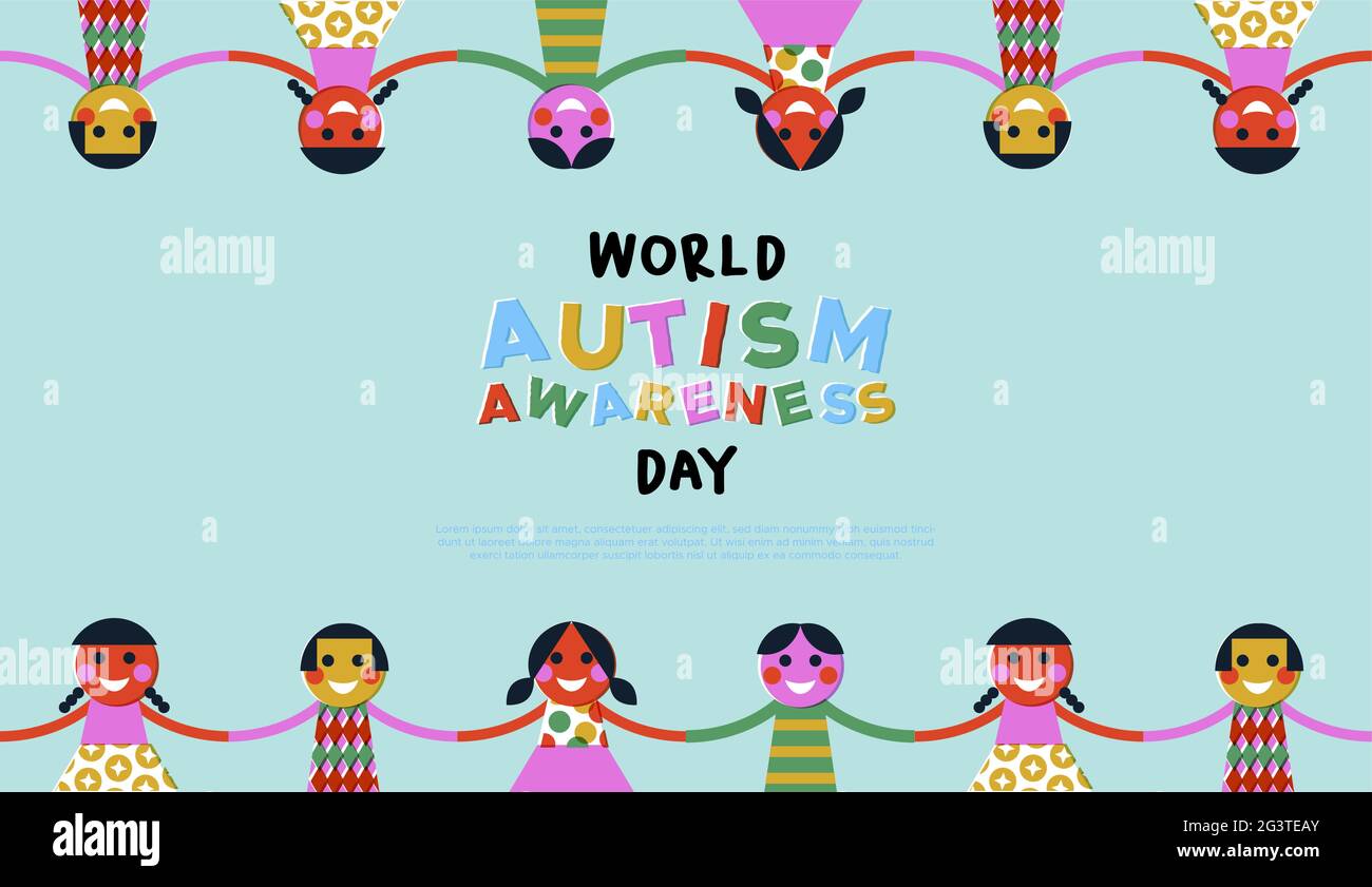 Mondo Autism giorno di consapevolezza immagine web modello di bambini felici amici tenendo le mani insieme in stile arte popolare retrò. Educazione autistica per bambini Illustrazione Vettoriale