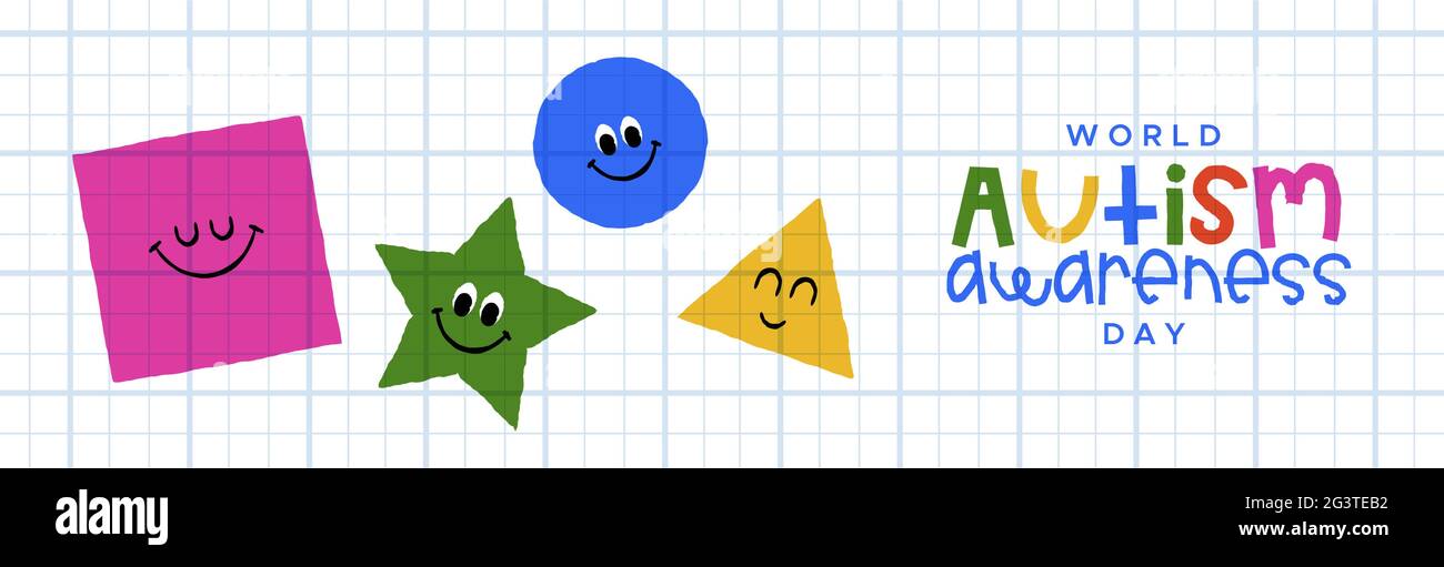 Autismo giorno di consapevolezza banner web illustrazione di forme geometriche di base divertente personaggio cartoon in childish mano disegnato stile. Autistici bambini educati Illustrazione Vettoriale